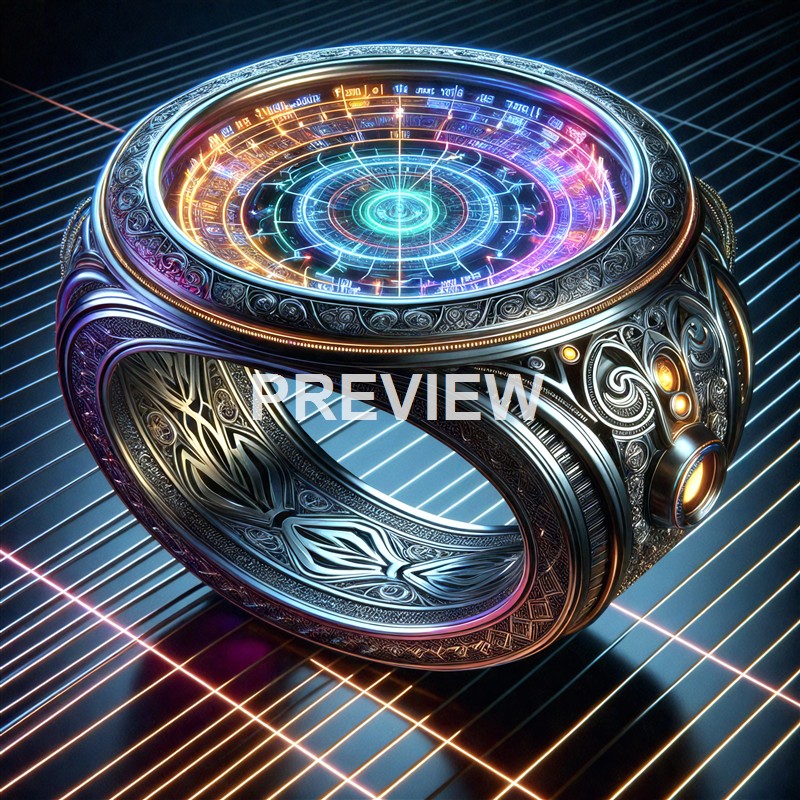 A futuristic ring watch with intricate patterns and a glowing, holographic display on the dial, set against a grid-like background.